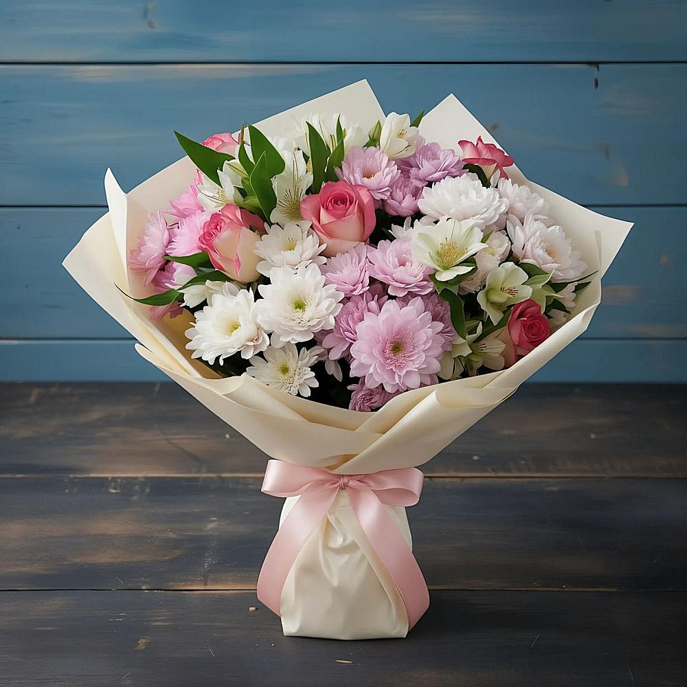 Букет цветов из: Хризантемы, Альстромерии и Розы в Знаменке